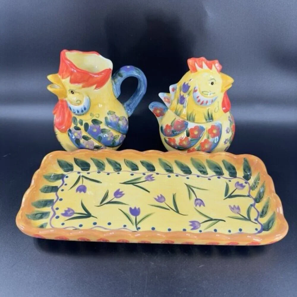 Fontana‎ Dario Farrucci Collection Set Rooster Sugar Bowl Creamer And Tray Set